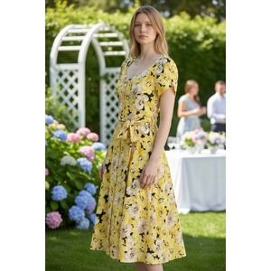 Talbots Yellow Floral Midi Dress 12 Garden Party Wedding Guest Belted Resortwear